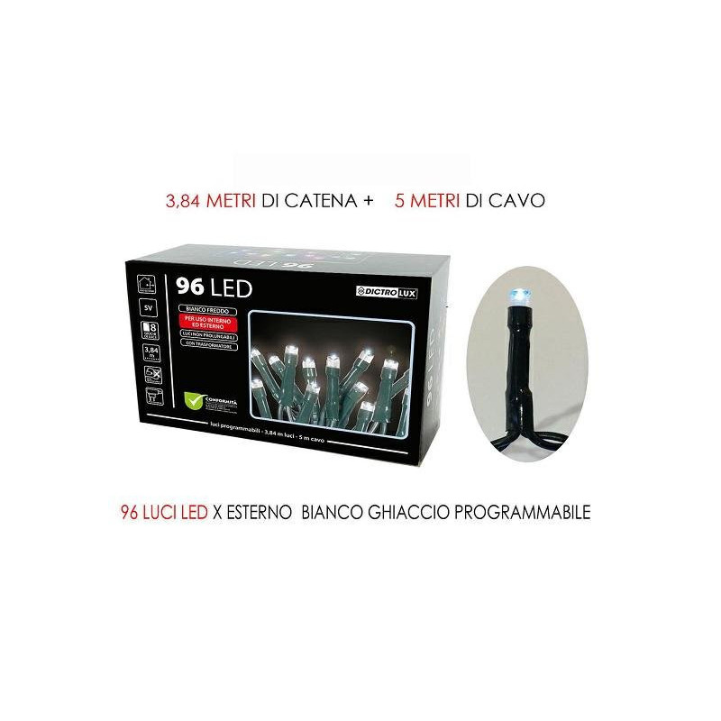 Catene 96 led mt.4,8 bianche ghi accio per esterno con motore art.449948