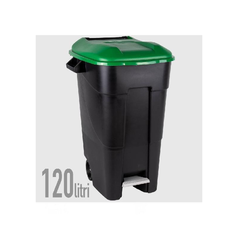 Bidone lt.120 pattumiera con ruote pedale e coperchio verde