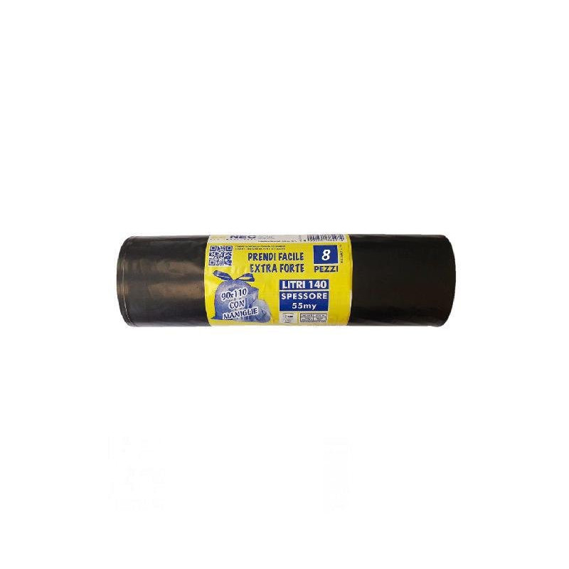 Sacchi immondizia cm.90x105 lt.140 plt pz.8 neri con maniglie art.497