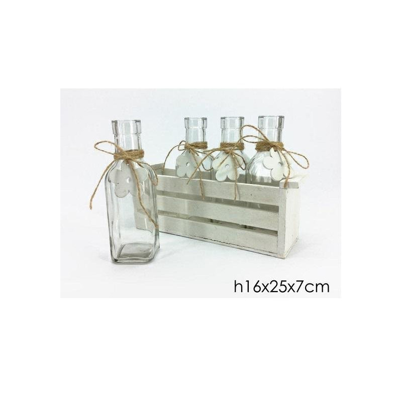Portafiori bianco legno con 4 bo ttiglie art.639405