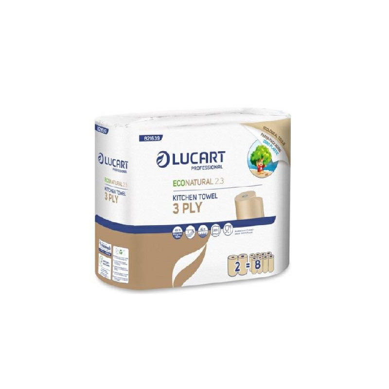 Lucart natural asciugatutto 3 veli 2 rotoli 200 strappi reciclata avana