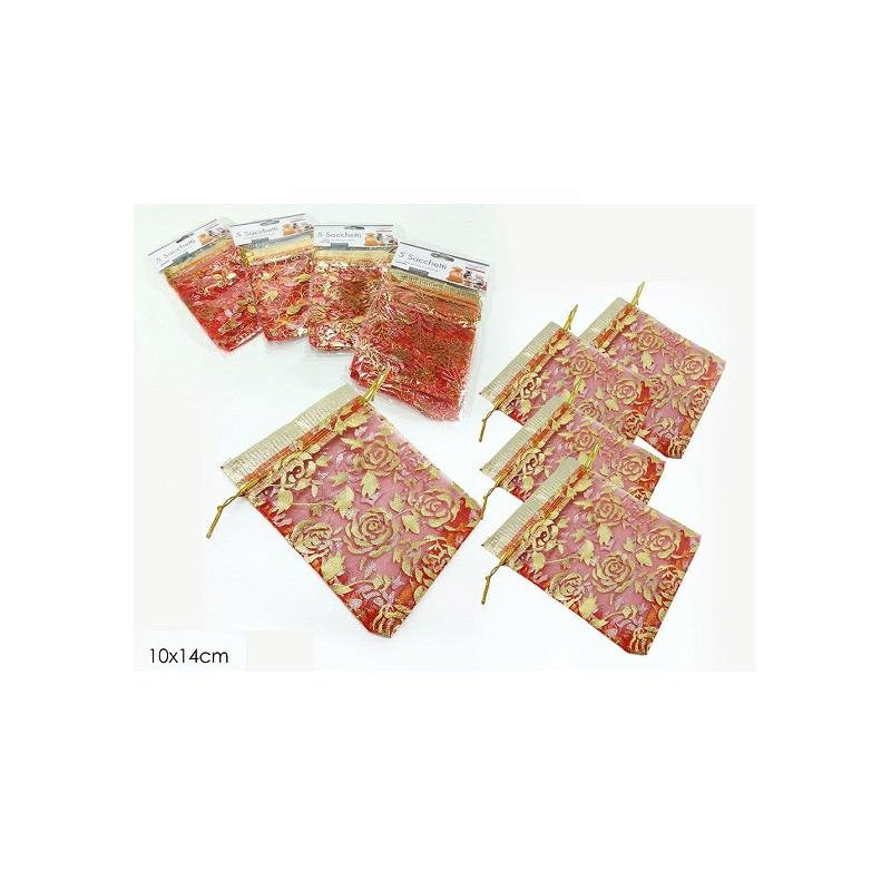 Sacchetti organza cm.10x14 pz.5 rosso/oro art.490816