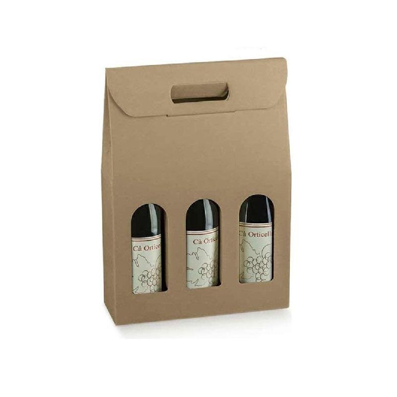 Scatola cartone 3 bottiglie con maniglia marrone