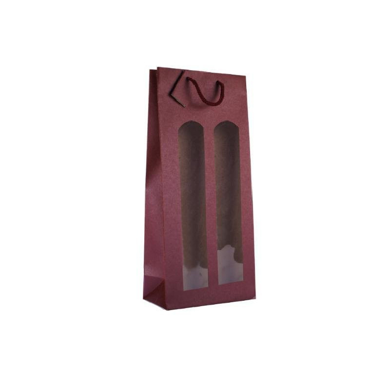 Borsa carta 2 bottiglie cm.17+8,5x37 bordeaux con finestra bca336x