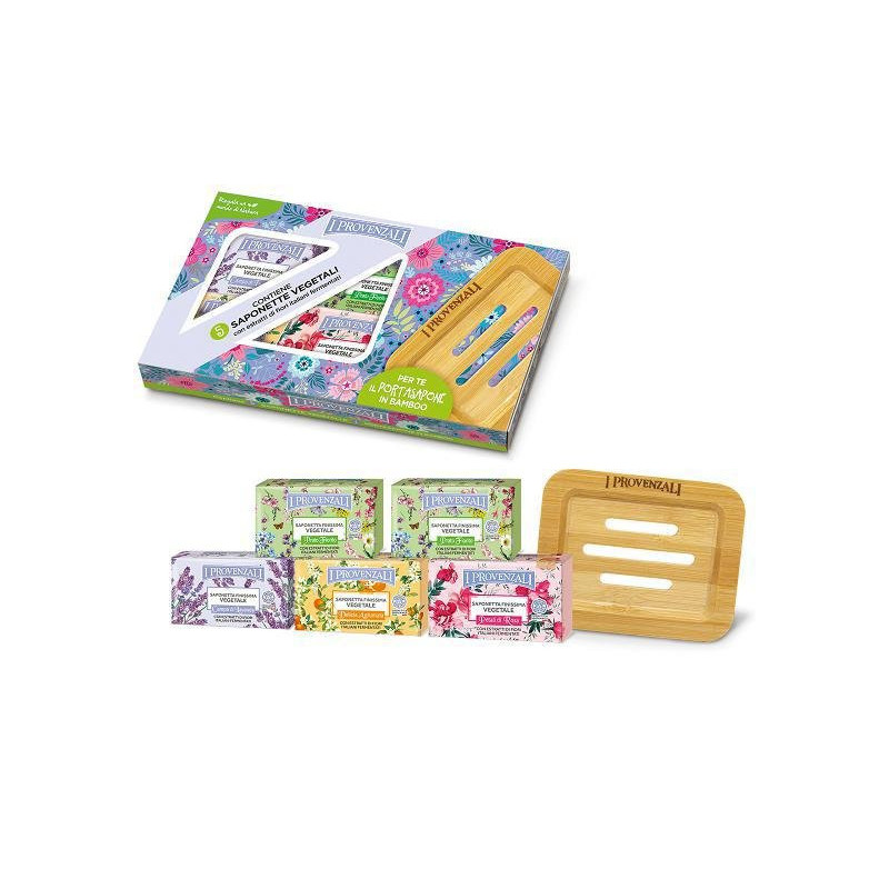 I provenzali confezione regalo 5 saponette vegetali+portasapone bamboo